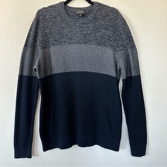Express Men’s Navy Color Block Cotton Knit Crew Neck Sweater Large - Picture 1 of 6